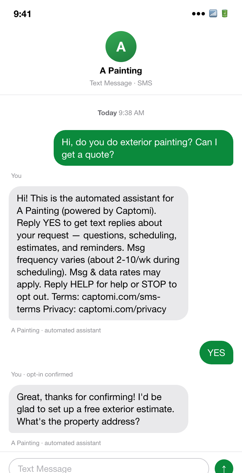 Screenshot of a text-message conversation: the consumer texts a painting business 'Hi, do you do exterior painting? Can I get a quote?' and receives a one-time automated reply that identifies itself as the automated assistant for A Painting (powered by Captomi) and asks the consumer to reply YES to confirm, carrying the AI disclosure, message frequency (about 2 to 10 per week during scheduling), 'message and data rates may apply', HELP and STOP instructions, and links to the Terms and Privacy Policy; the consumer replies YES, and the assistant then continues to help.